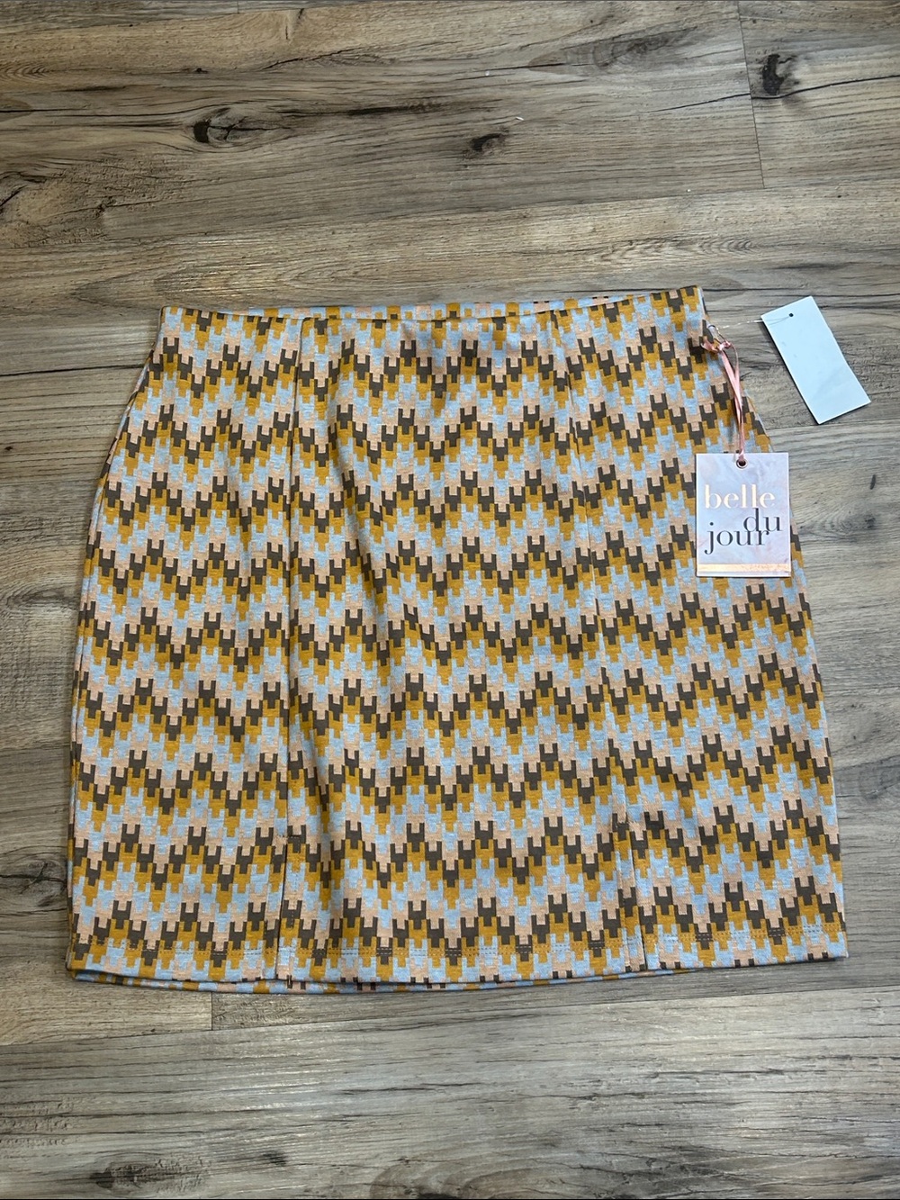 Belle Du Jour Yellow Brown Geometric Knit Mini Skirt